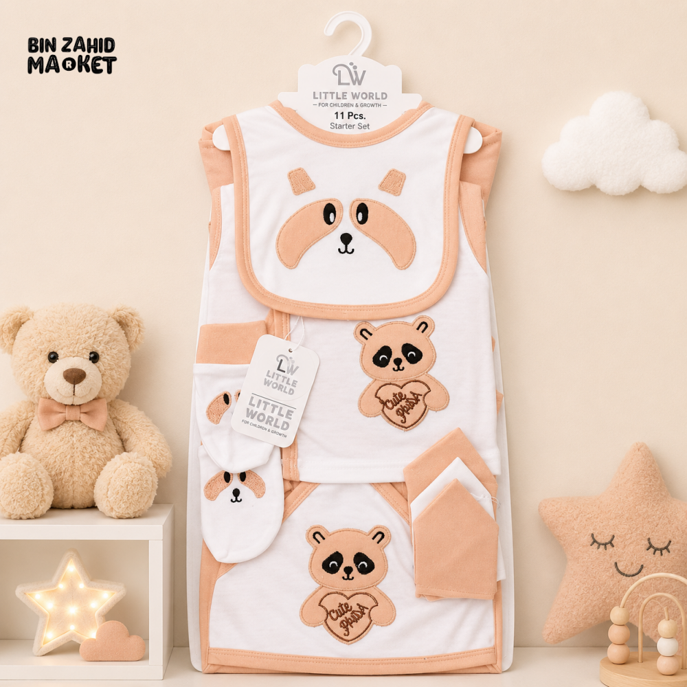 LITTLE WORLD 11 PCS NEWBORN BABY STARTER GIFT SET – PANDA EMBROIDERED DESIGN (PEACH)