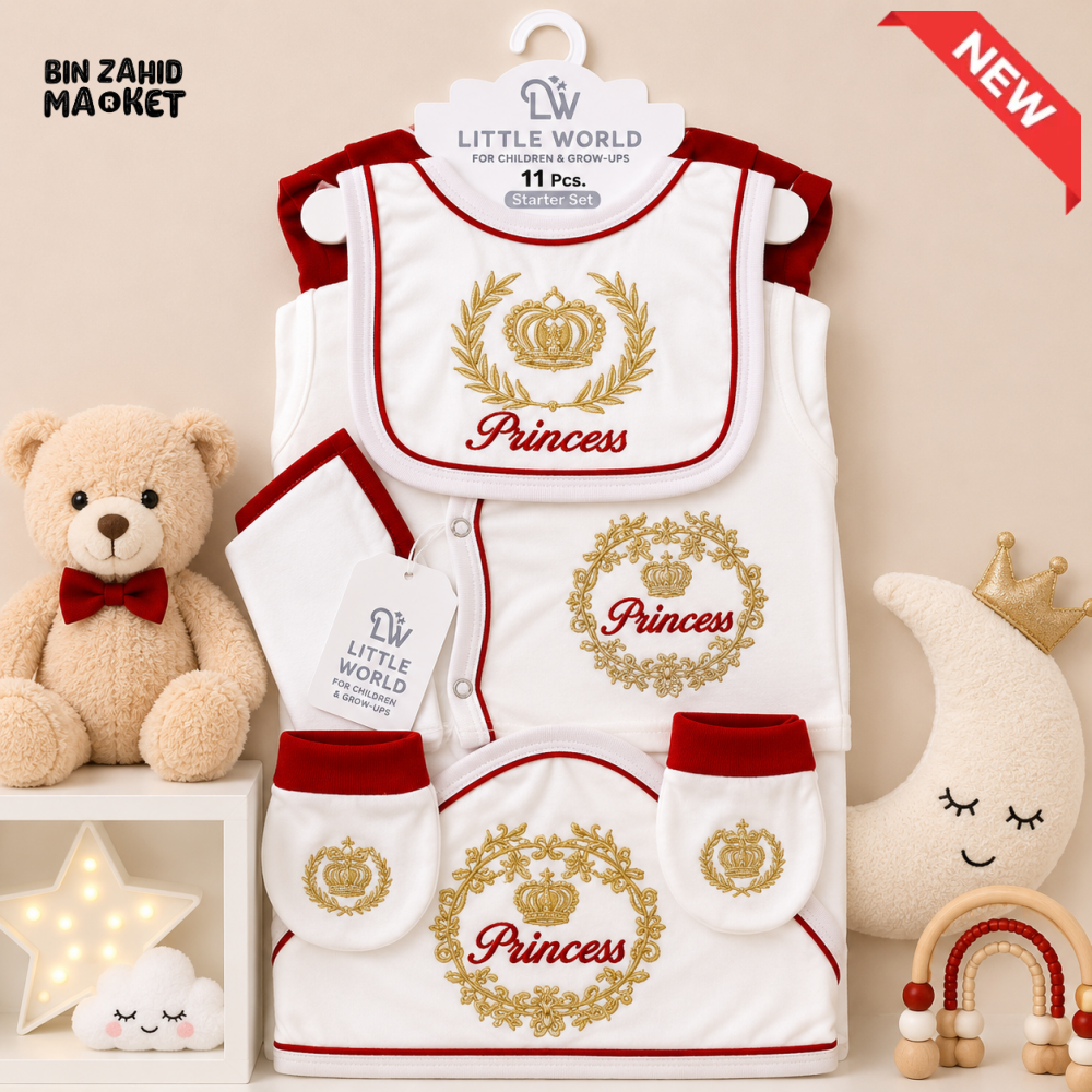 LITTLE WORLD 11 PCS NEWBORN BABY STARTER GIFT SET – PRINCESS EMBROIDERED DESIGN (RED & WHITE)