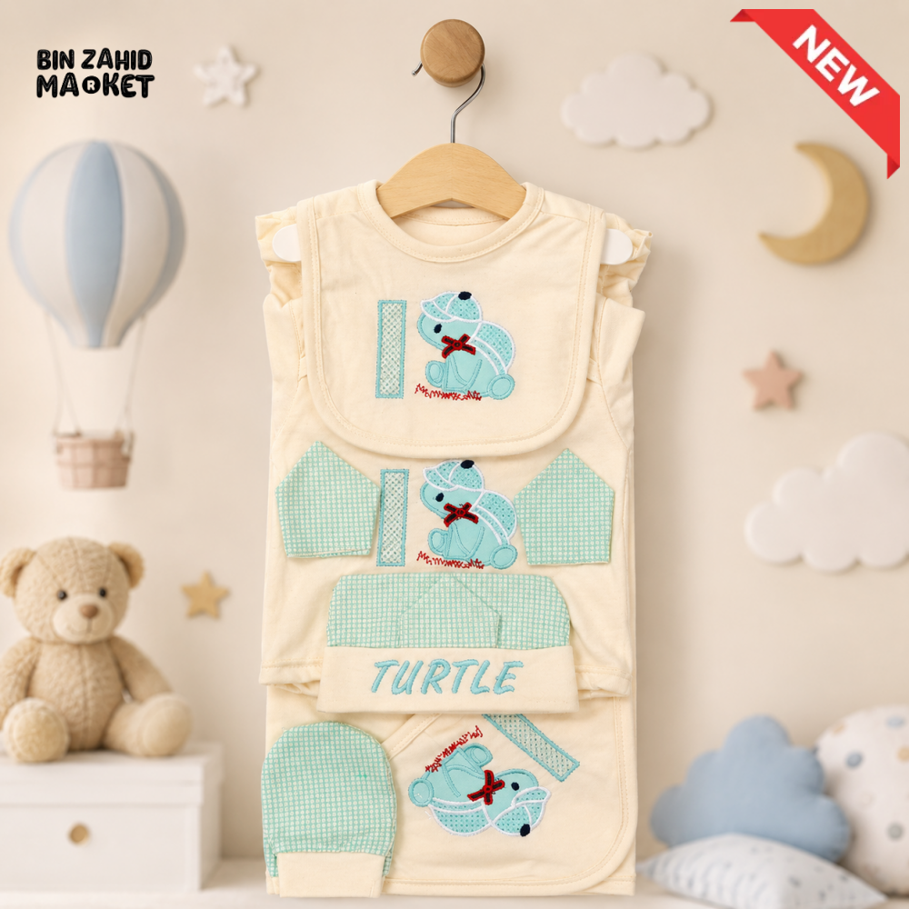LITTLE WORLD 12 PCS NEWBORN BABY STARTER GIFT SET – TURTLE EMBROIDERED DESIGN (CREAM & MINT GREEN)