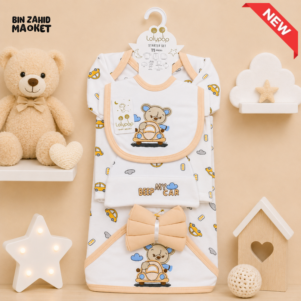 LOLYPOP 11 PCS NEWBORN BABY STARTER GIFT SET – TEDDY BEAR CAR EMBROIDERED DESIGN (PEACH)