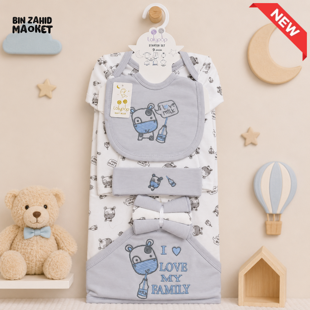 LOLYPOP 9 PCS NEWBORN BABY STARTER GIFT SET – I LOVE MY FAMILY EMBROIDERED DESIGN (GREY)