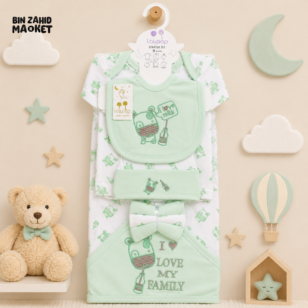 LOLYPOP 9 PCS NEWBORN BABY STARTER GIFT SET – I LOVE MY FAMILY EMBROIDERED DESIGN (MINT GREEN)