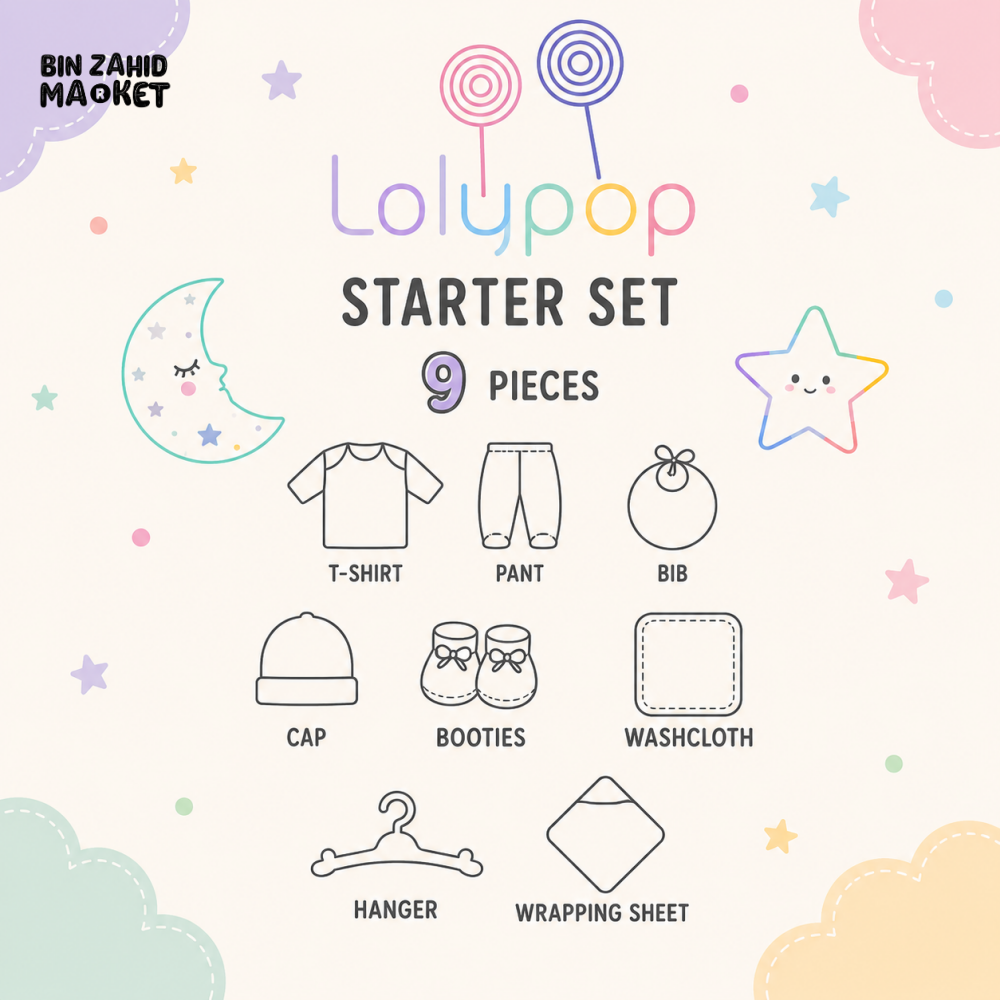 LOLYPOP 9 PCS NEWBORN BABY STARTER GIFT SET – I LOVE MY FAMILY EMBROIDERED DESIGN (PEACH)