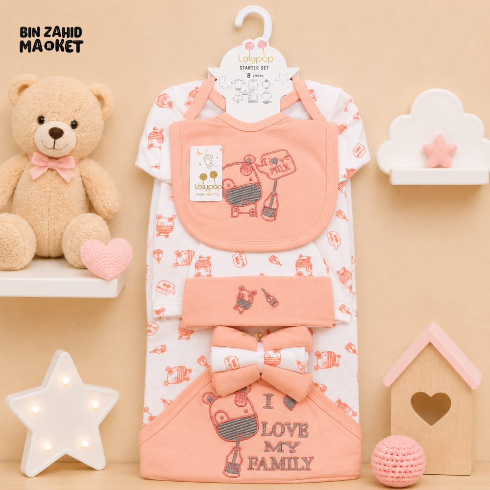 LOLYPOP 9 PCS NEWBORN BABY STARTER GIFT SET – I LOVE MY FAMILY EMBROIDERED DESIGN (PEACH)