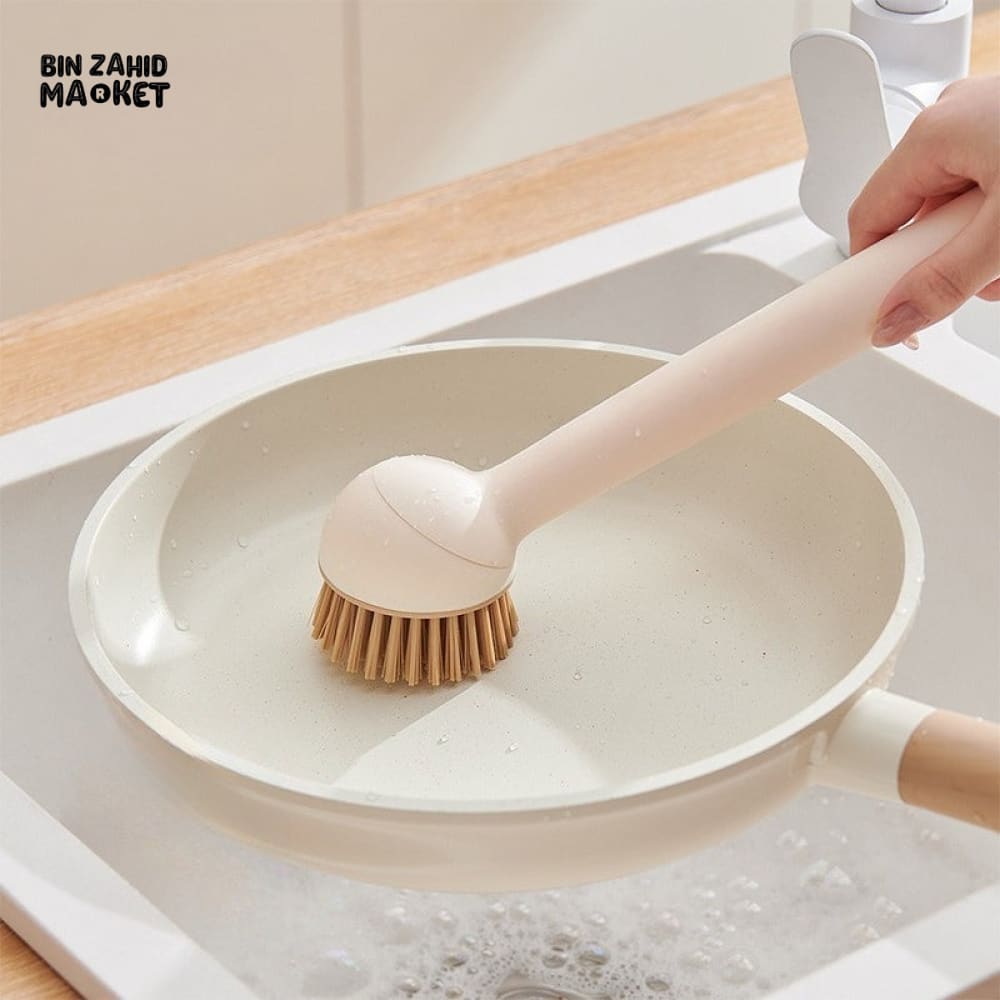 LONG HANDLE KITCHEN POT BRUSH WITH LIQUID DISPENSER – ROTATING DISHWASHING SCRUBBER FOR EASY CLEANING OF PANS & BOWLS