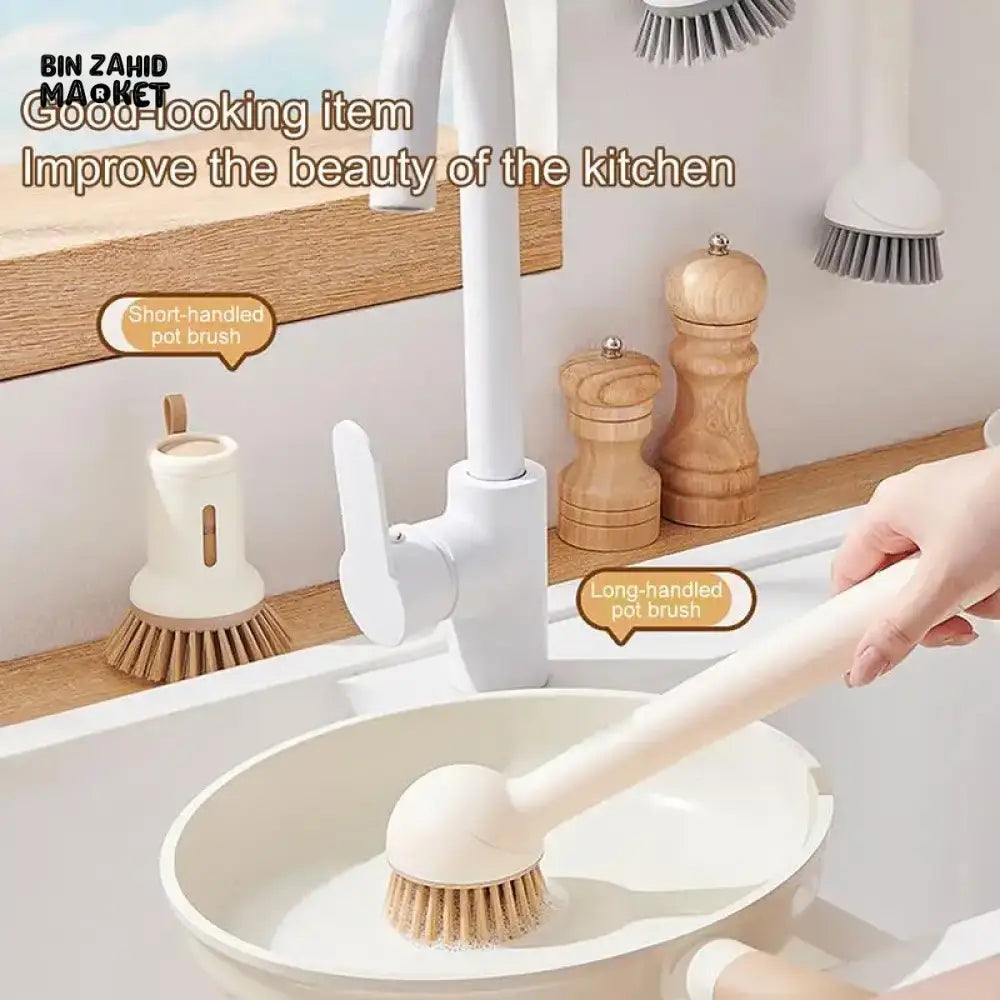 LONG HANDLE KITCHEN POT BRUSH WITH LIQUID DISPENSER – ROTATING DISHWASHING SCRUBBER FOR EASY CLEANING OF PANS & BOWLS