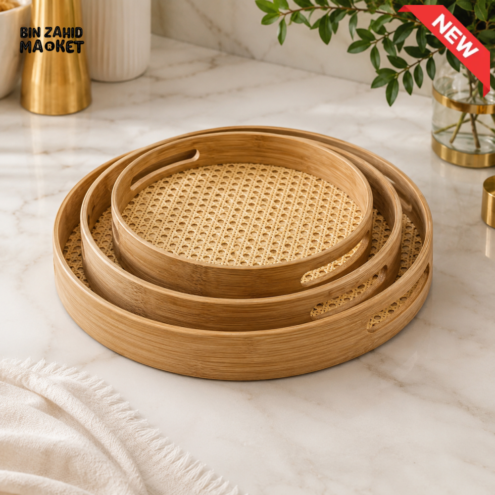 LUXEWOOD 3-PIECE ROUND WOODEN SERVING TRAY SET