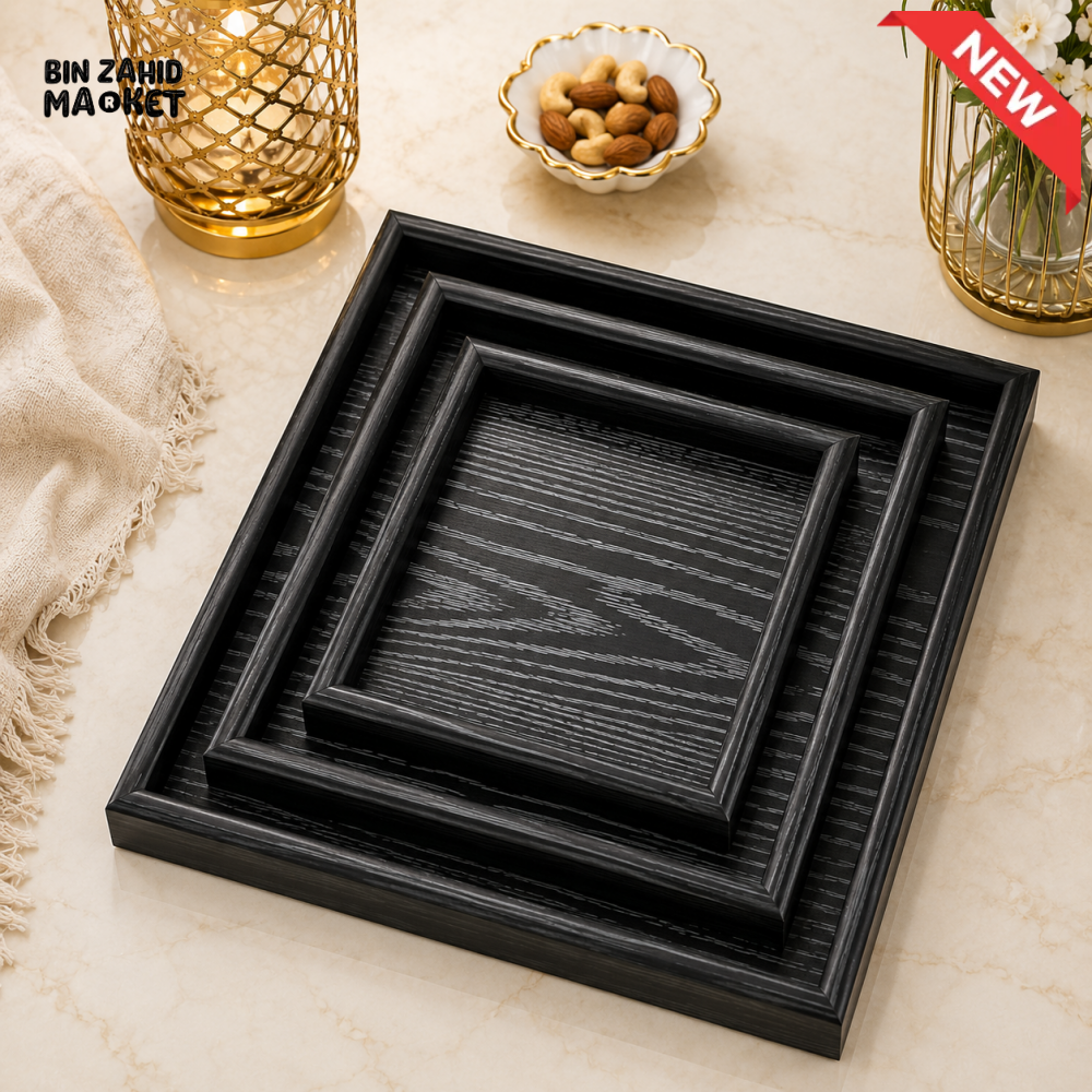 LUXEWOOD 3-PIECE WOODEN SERVING TRAY SET - BLACK WOOD