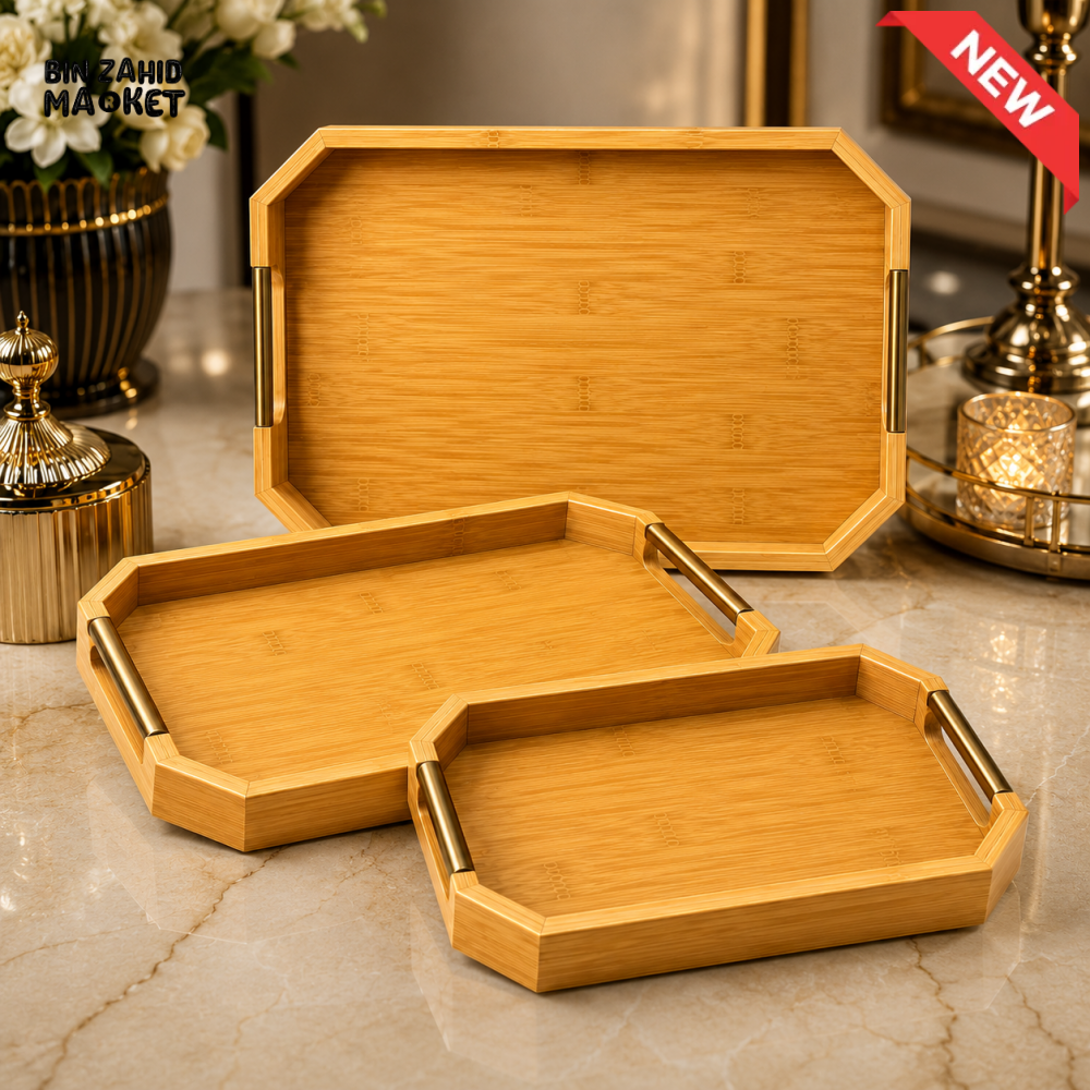 LUXEWOOD OCTAGONAL BAMBOO SERVING TRAY SET WITH METAL HANDLES 3 PIECES
