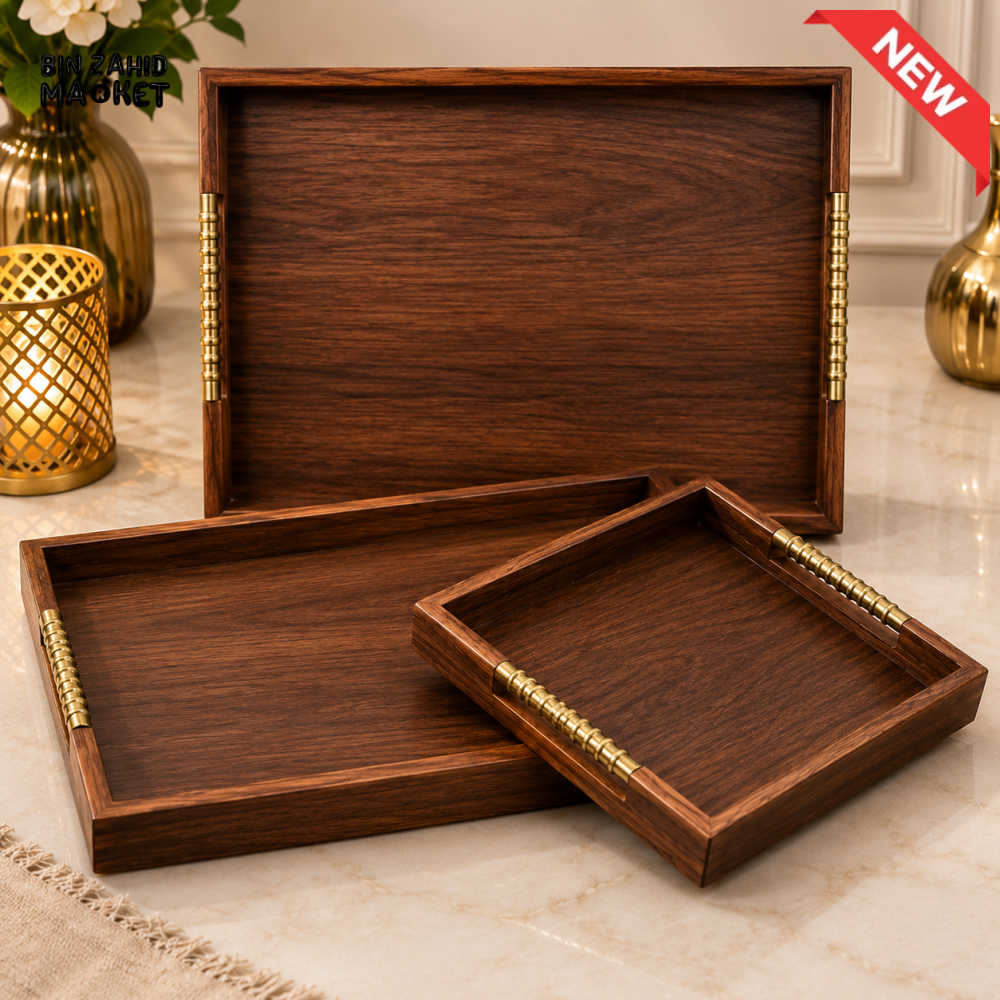 LUXEWOOD PREMIUM 3-PIECE WOODEN SERVING TRAY SET WITH METAL HANDLES - DARK WOOD