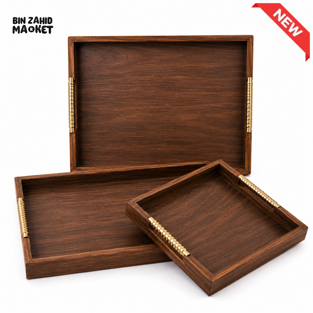 LUXEWOOD PREMIUM 3-PIECE WOODEN SERVING TRAY SET WITH METAL HANDLES - DARK WOOD