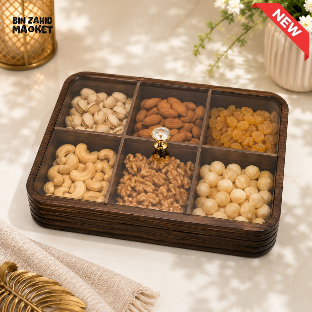 LUXEWOOD PREMIUM 6-PARTITION WOODEN DRY FRUIT & SNACK SERVING BOX - DARK WOOD