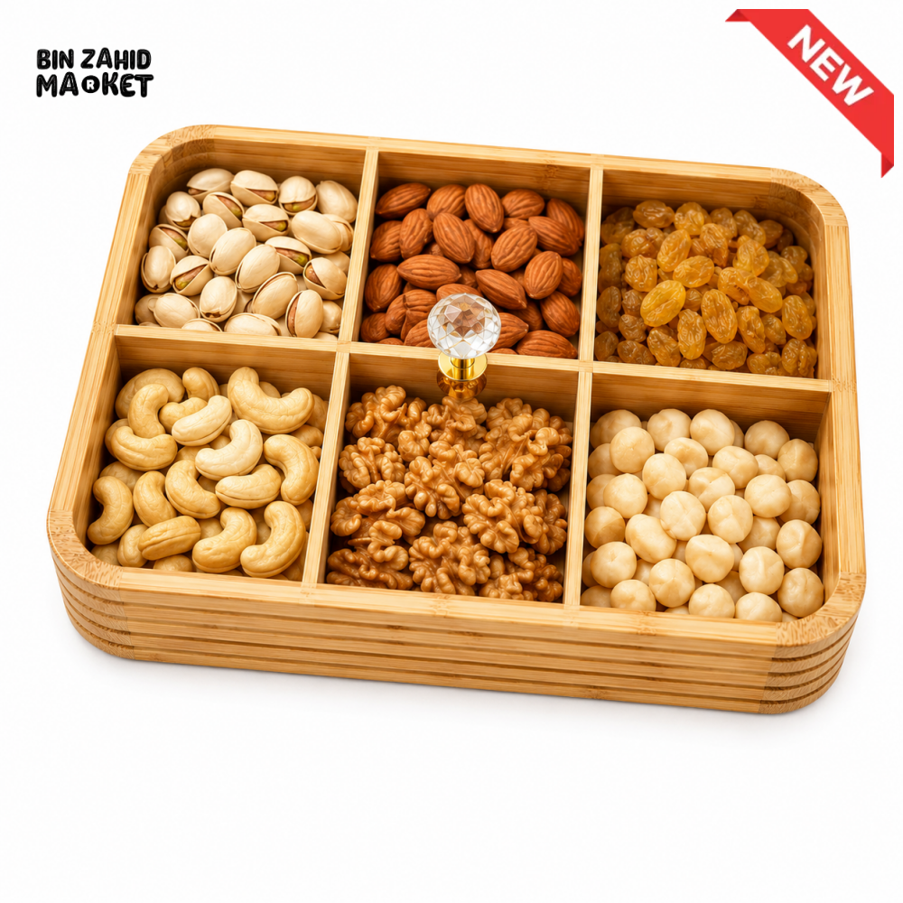 LUXEWOOD PREMIUM 6-PARTITION WOODEN DRY FRUIT & SNACK SERVING BOX - LIGHT BROWN