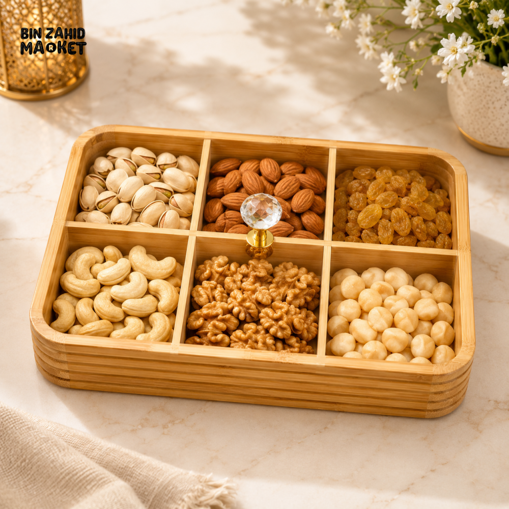 LUXEWOOD PREMIUM 6-PARTITION WOODEN DRY FRUIT & SNACK SERVING BOX - LIGHT BROWN