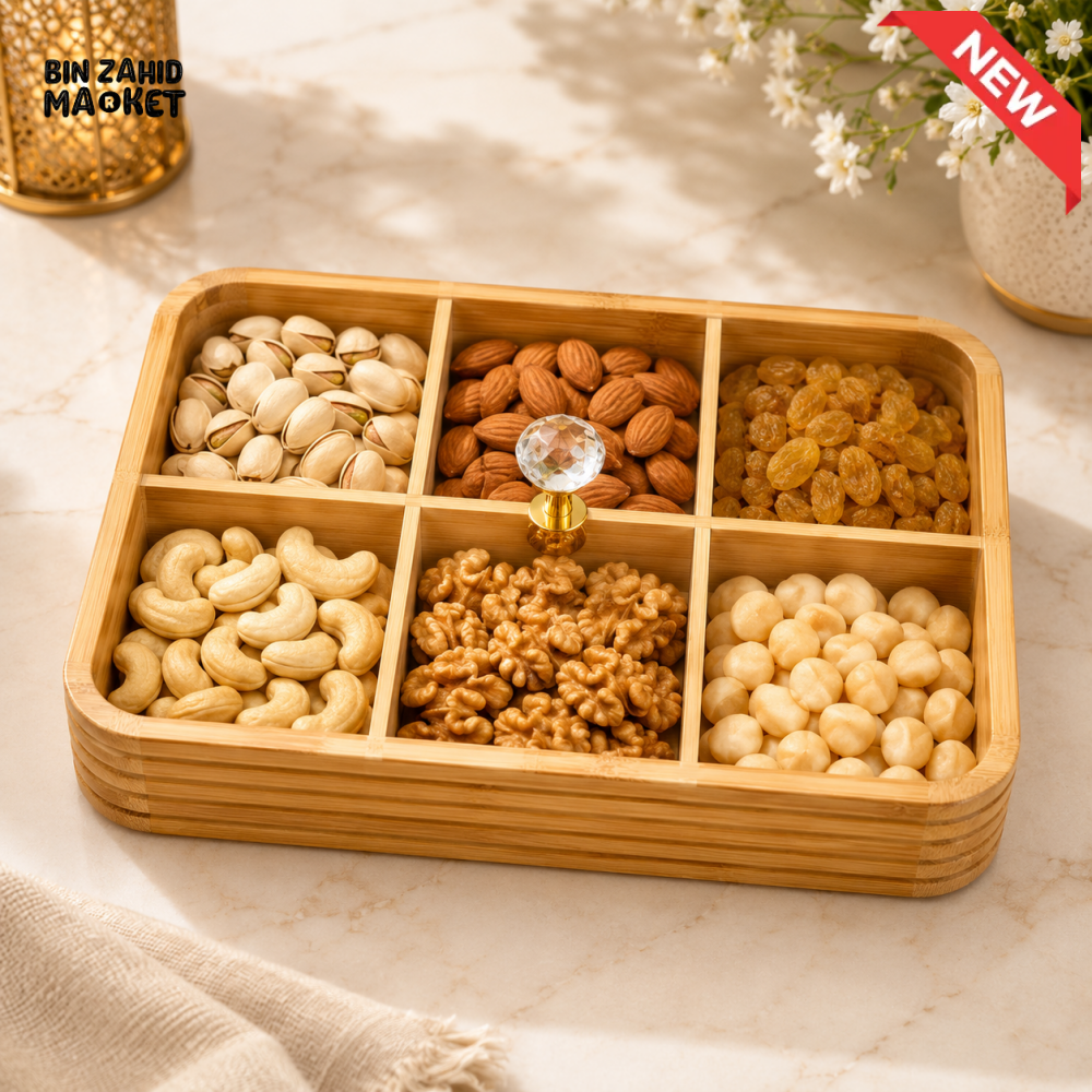 LUXEWOOD PREMIUM 6-PARTITION WOODEN DRY FRUIT & SNACK SERVING BOX - LIGHT BROWN