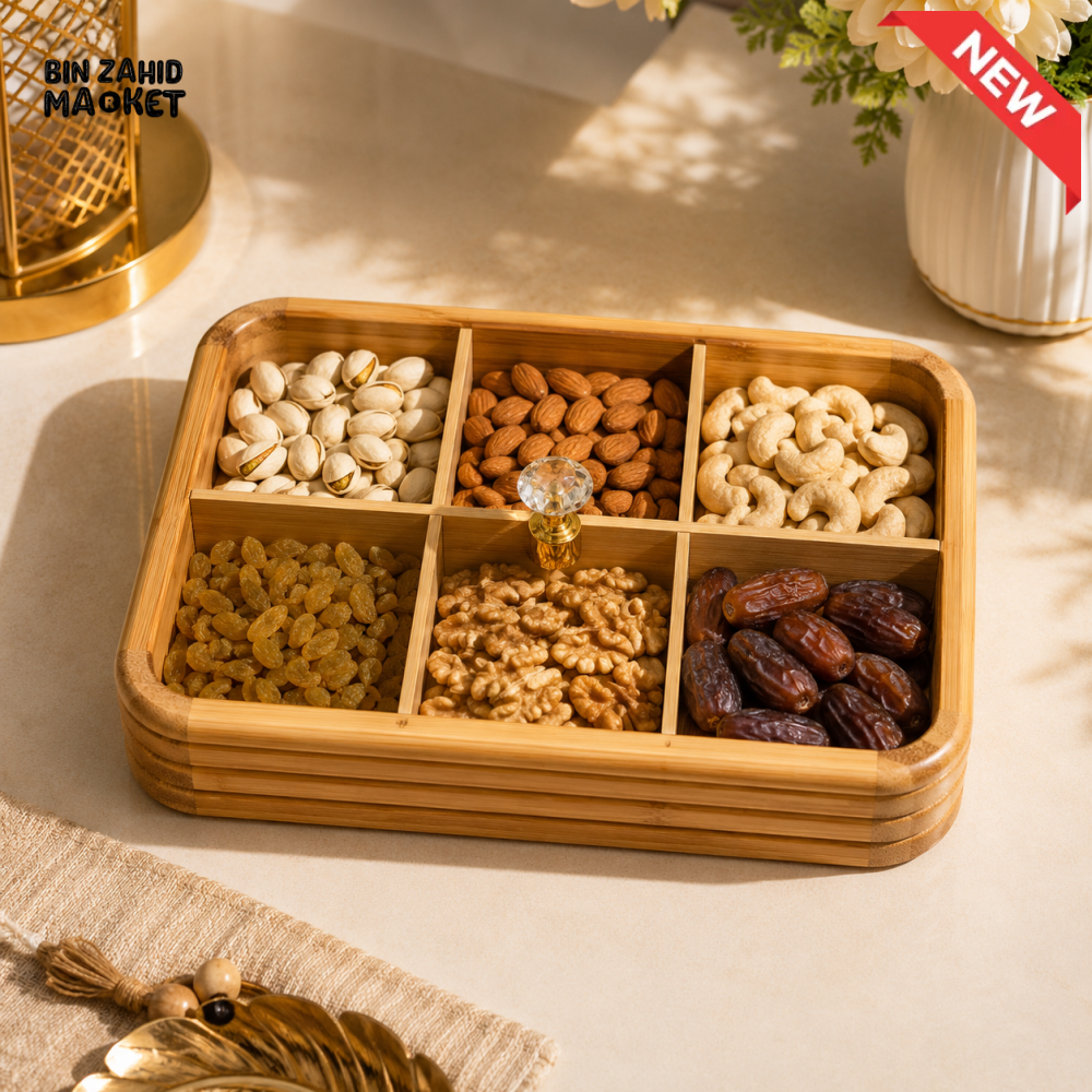 LUXEWOOD PREMIUM 6-PARTITION WOODEN DRY FRUIT & SNACK SERVING BOX - LIGHT BROWN