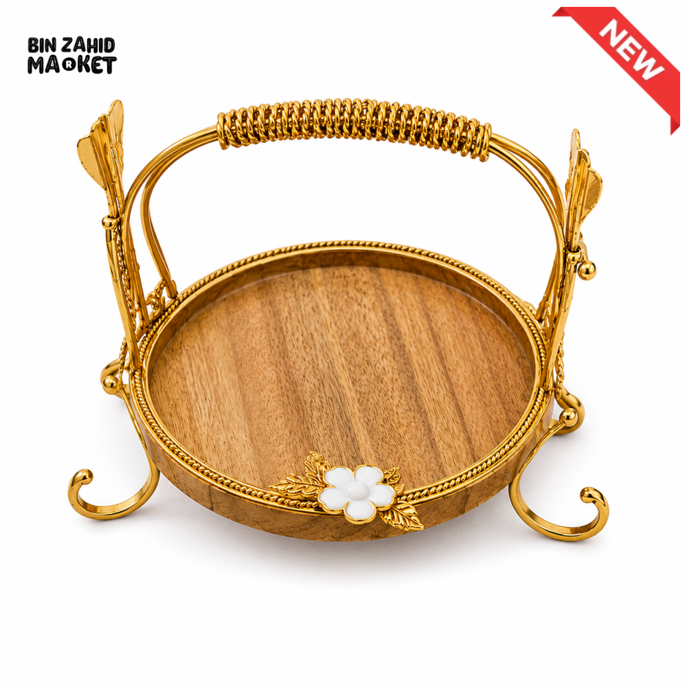 LUXEWOOD PREMIUM ROUND WOODEN SERVING PLATTER WITH GOLD HANDLE - SMALL