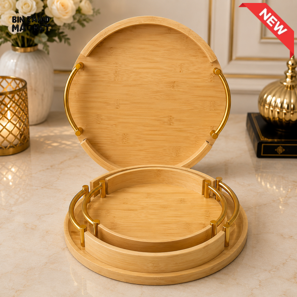 LUXEWOOD ROUND BAMBOO SERVING TRAY SET WITH GOLD METAL HANDLES - 3 PIECES