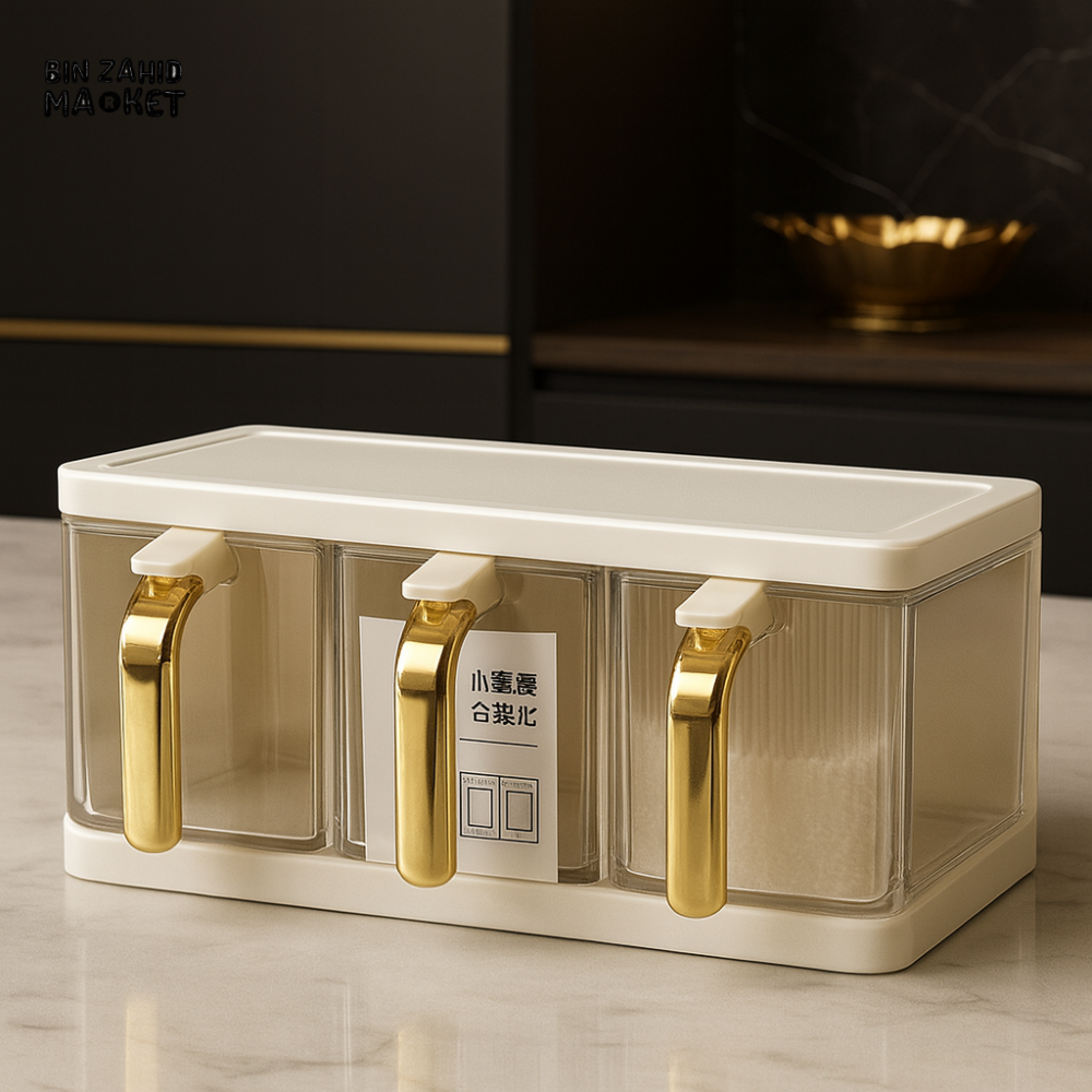 LUXORMOVE 3 PIECES SPICE JAR SET WITH GOLD HANDLES – KITCHEN SEASONING CONTAINER BOX FOR SALT SUGAR SPICES