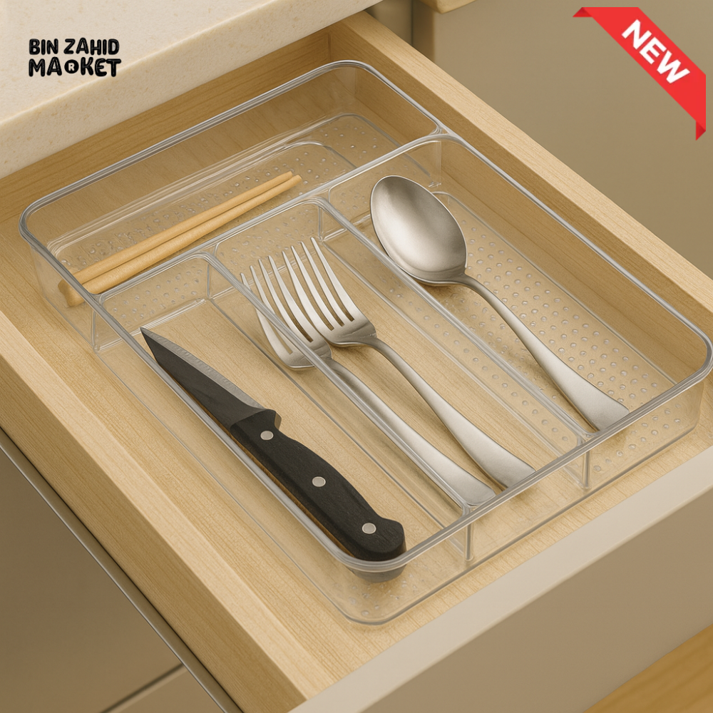 LUXORMOVE 4 PARTITION CLEAR CUTLERY TRAY – KITCHEN DRAWER ORGANIZER FOR SPOONS FORKS KNIVES & ACCESSORIES