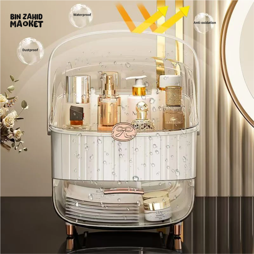 LUXORMOVE DUSTPROOF DESKTOP MAKEUP ORGANIZER WITH LID & DRAWERS – SKINCARE & COSMETIC STORAGE BOX