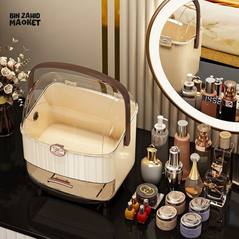 LUXORMOVE DUSTPROOF DESKTOP MAKEUP ORGANIZER WITH LID & DRAWERS – SKINCARE & COSMETIC STORAGE BOX