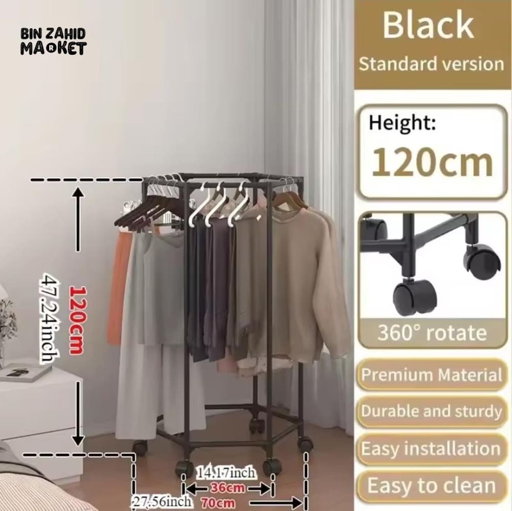 LUXORMOVE HEXAGONAL ROTATING CLOTHES DRYING RACK – MOVABLE METAL GARMENT STAND WITH WHEELS