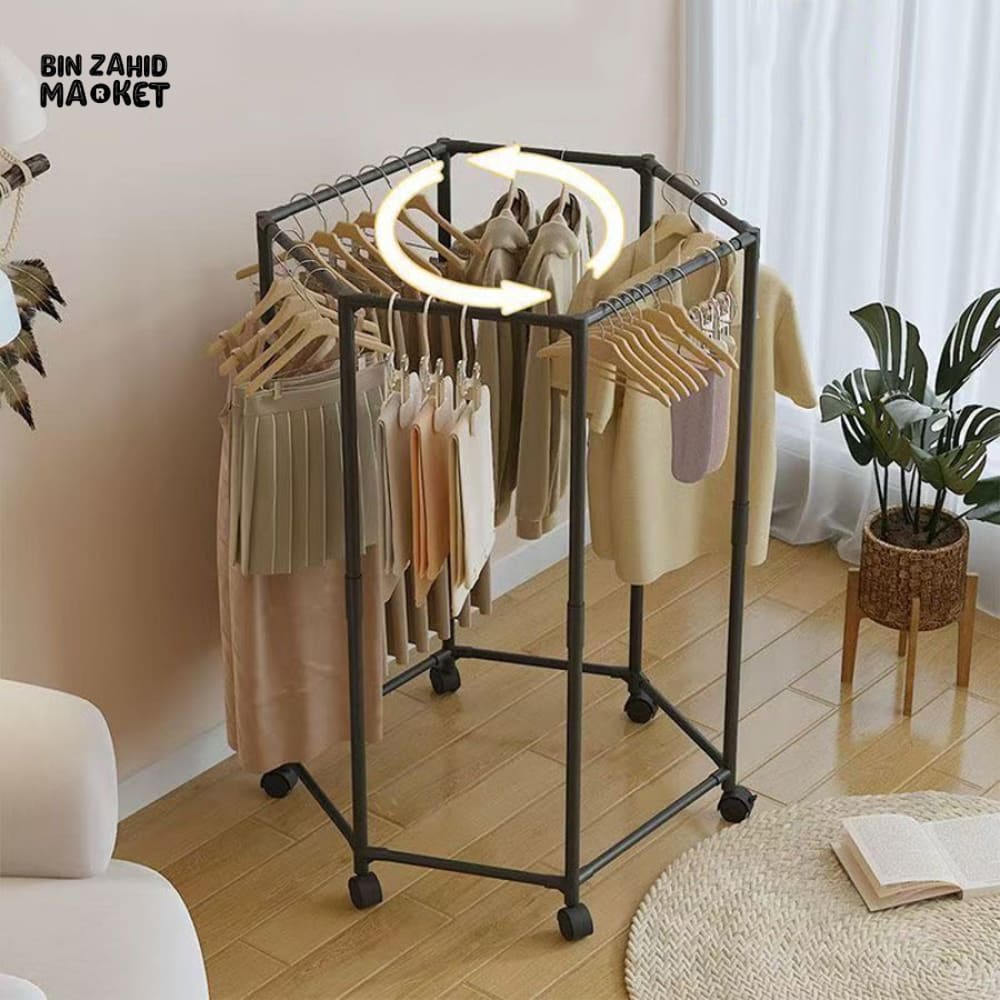 LUXORMOVE HEXAGONAL ROTATING CLOTHES DRYING RACK – MOVABLE METAL GARMENT STAND WITH WHEELS