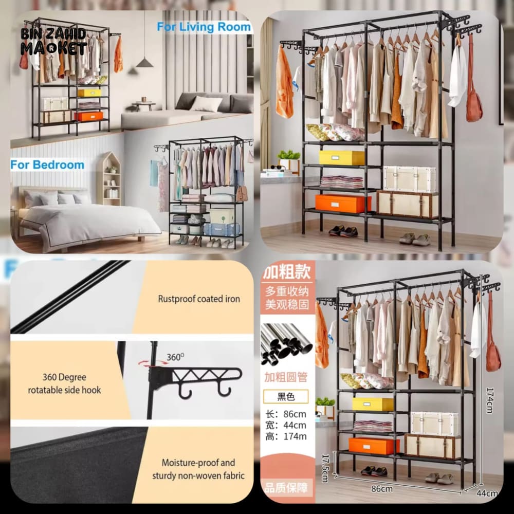 LUXORMOVE LUXURY DOUBLE-RAIL CLOTHING RACK – BLACK GARMENT ORGANIZER WITH SHELVES & SIDE HOOKS