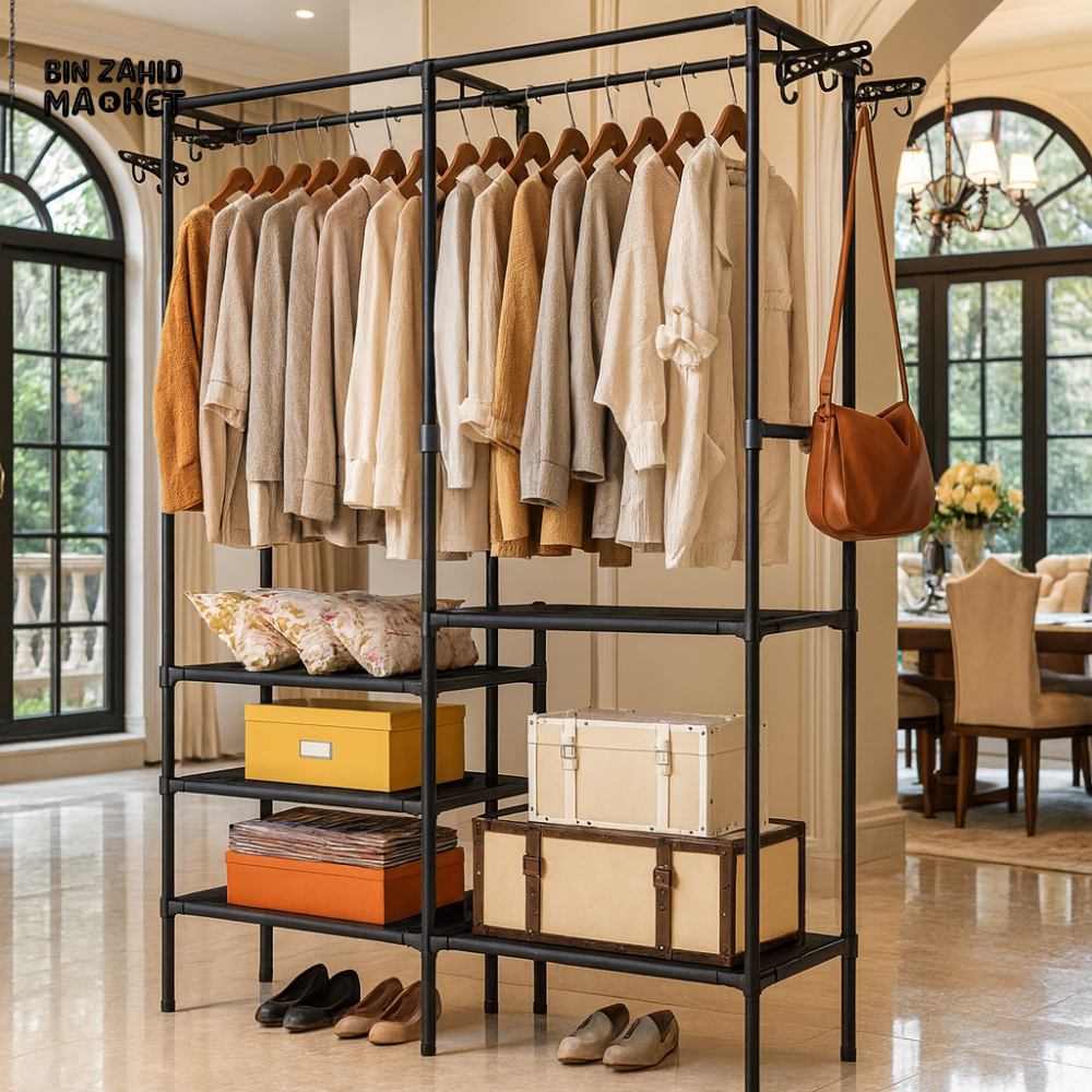 LUXORMOVE LUXURY DOUBLE-RAIL CLOTHING RACK – BLACK GARMENT ORGANIZER WITH SHELVES & SIDE HOOKS