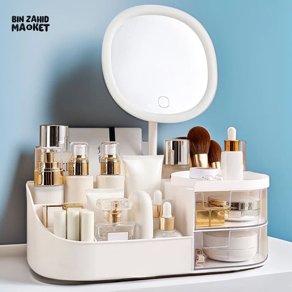LUXORMOVE MAKEUP STORAGE BOX WITH MIRROR & TOUCH LIGHT – VANITY COSMETIC & JEWELRY ORGANIZER