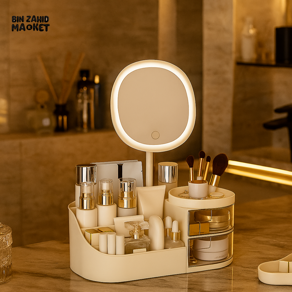 LUXORMOVE MAKEUP STORAGE BOX WITH MIRROR & TOUCH LIGHT – VANITY COSMETIC & JEWELRY ORGANIZER