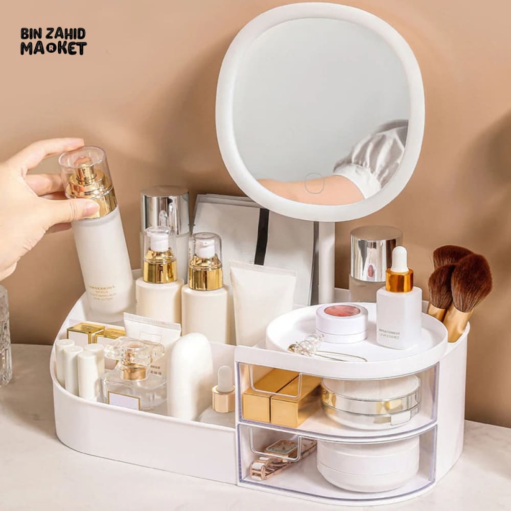 LUXORMOVE MAKEUP STORAGE BOX WITH MIRROR & TOUCH LIGHT – VANITY COSMETIC & JEWELRY ORGANIZER