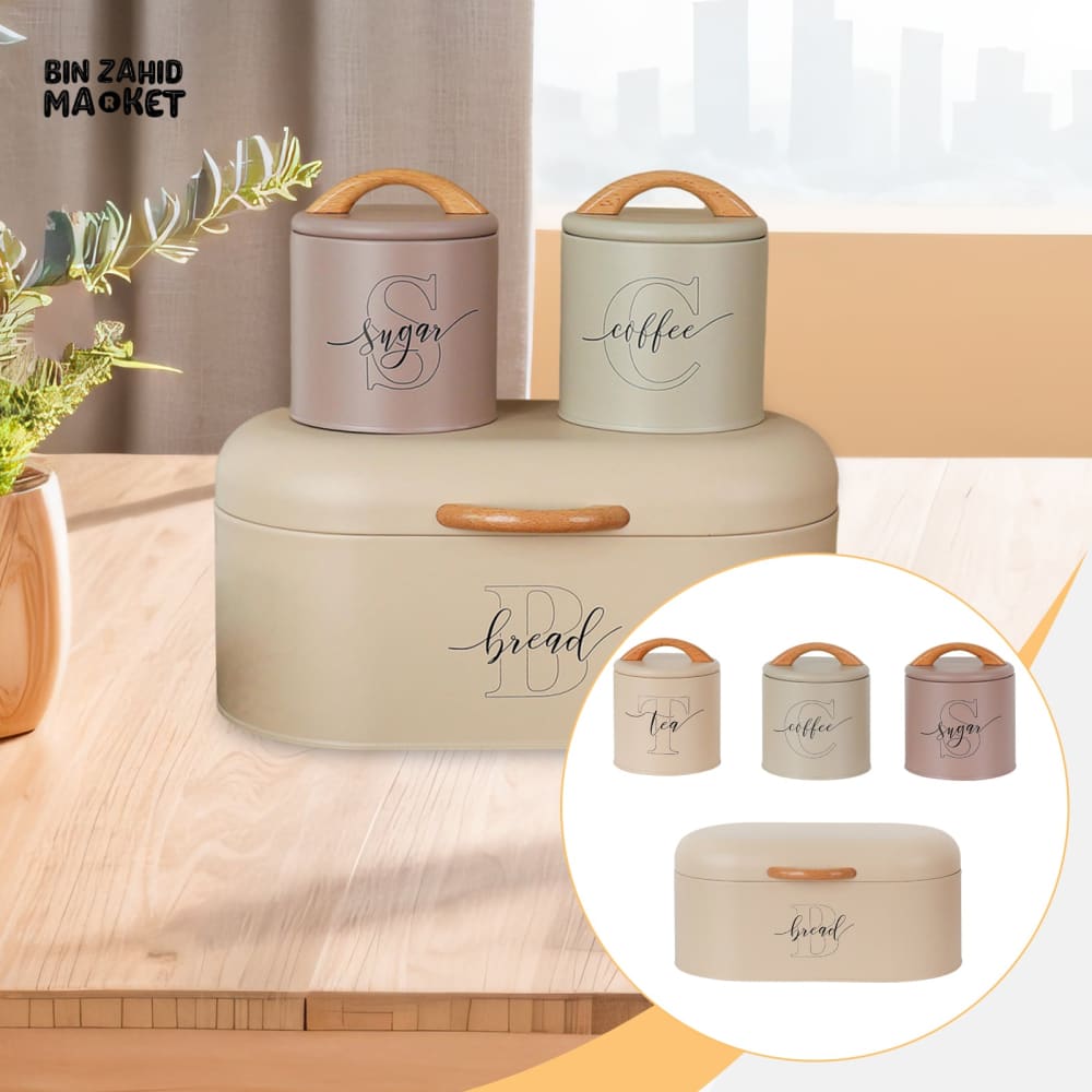 LUXORMOVE PREMIUM METAL CANISTERS – 4 PIECES LABELLED SUGAR TEA COFFEE BREAD