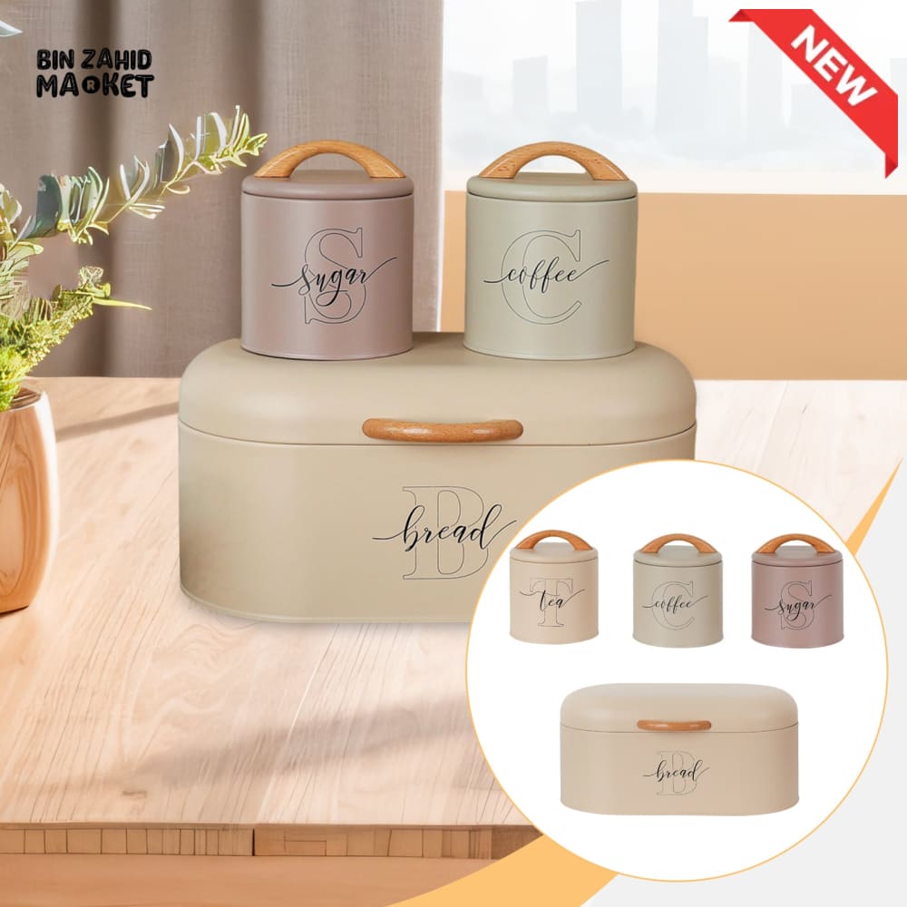 LUXORMOVE PREMIUM METAL CANISTERS – 4 PIECES LABELLED SUGAR TEA COFFEE BREAD