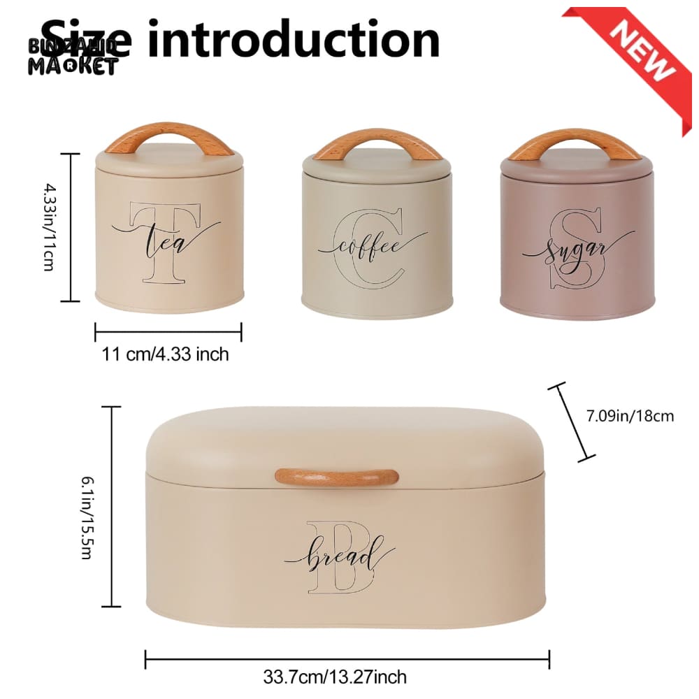 LUXORMOVE PREMIUM METAL CANISTERS – 4 PIECES LABELLED SUGAR TEA COFFEE BREAD