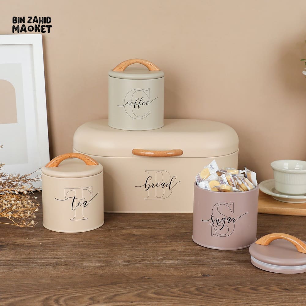 LUXORMOVE PREMIUM METAL CANISTERS – 4 PIECES LABELLED SUGAR TEA COFFEE BREAD