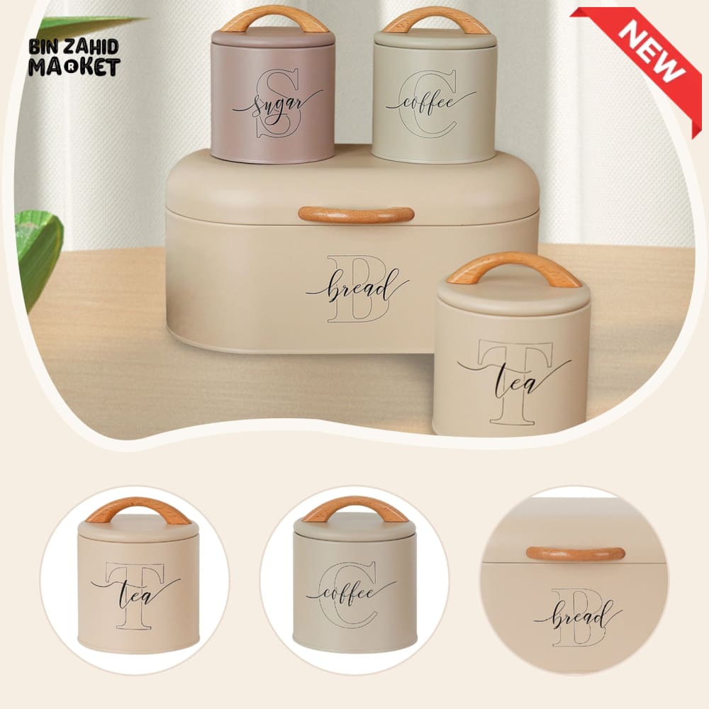 LUXORMOVE PREMIUM METAL CANISTERS – 4 PIECES LABELLED SUGAR TEA COFFEE BREAD