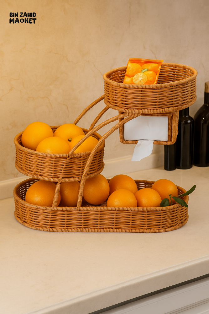 LUXORMOVE RATTAN 3-TIER FRUIT RACK – HANDWOVEN MULTI-LAYER BASKET WITH TISSUE HOLDER