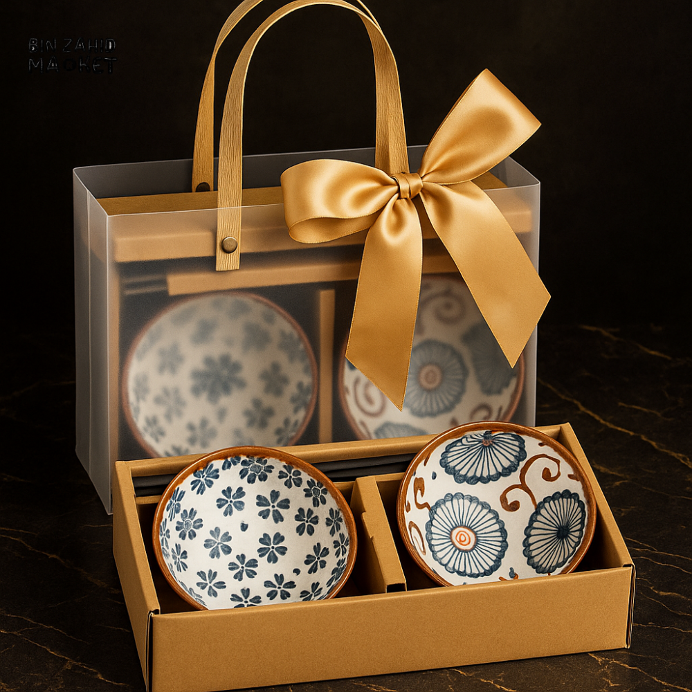 LUXURMOVE JAPANESE STYLE CERAMIC PRINTED BOWLS WITH GIFT BAG & CHOPSTICKS 2 PIECES