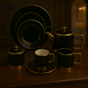 LUXURY 24 PIECE TEA SET – MODERN PORCELAIN DINNERWARE WITH TEAPOT, CUPS & PLATES FOR ELEGANT SERVING - BLACK