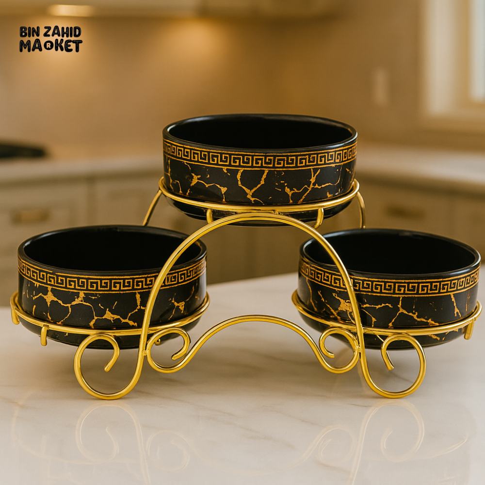 LUXURY 3-BOWL CERAMIC SNACK SERVER – BLACK MARBLE WITH GOLD STAND