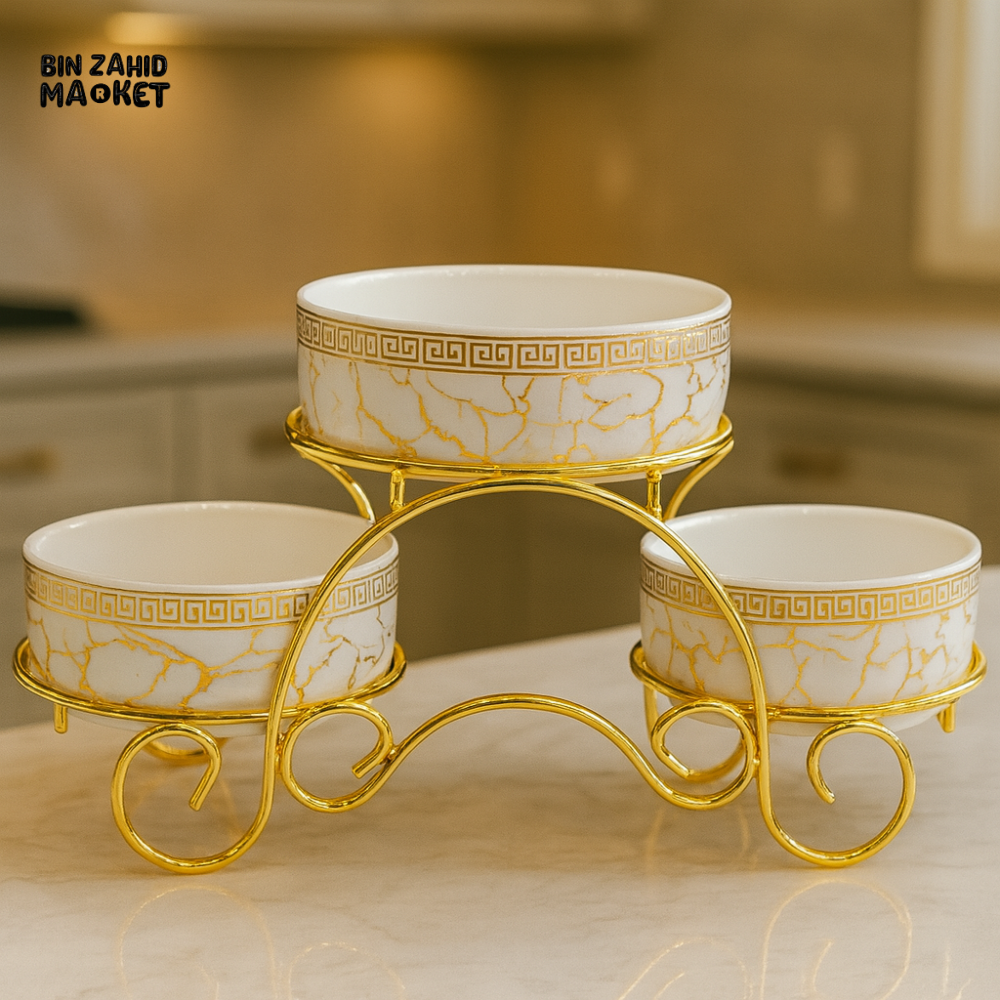 LUXURY 3-BOWL CERAMIC SNACK SERVER – WHITE MARBLE WITH GOLD STAND