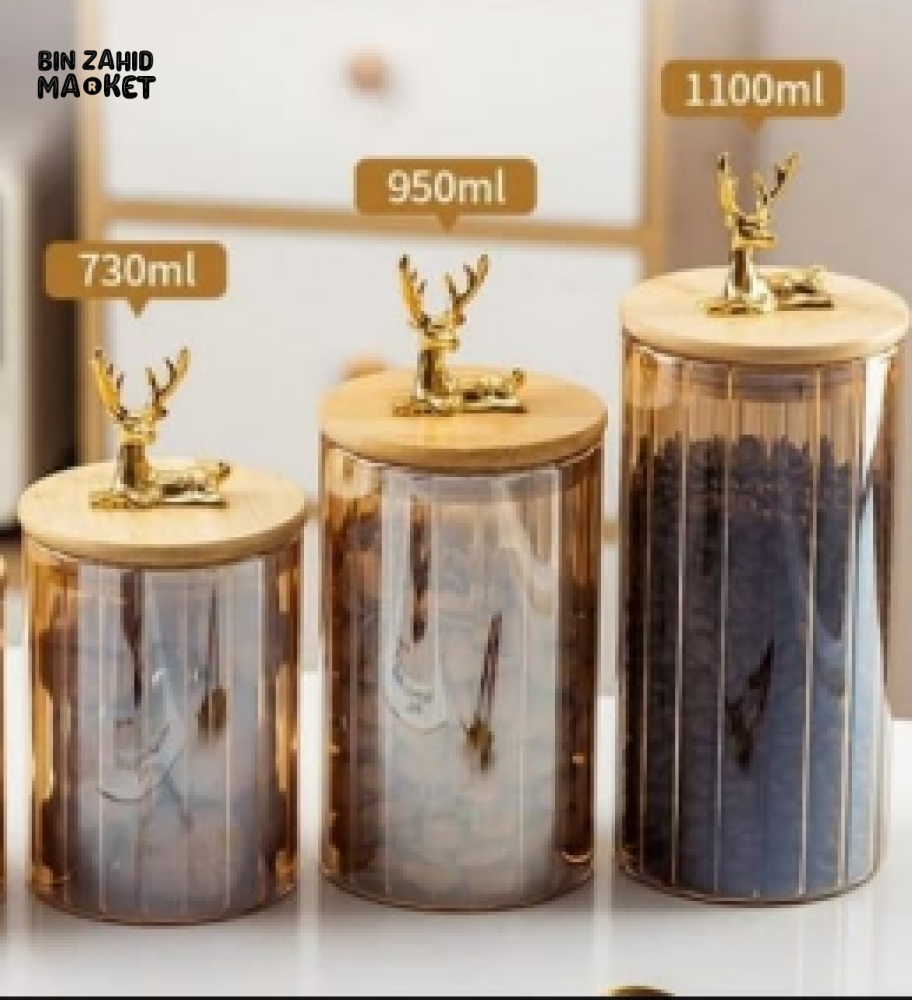 LUXURY 3-PIECE STORAGE JAR SET WITH WOODEN LIDS & DEER HEAD DESIGN ELEGANT COFFEE & SNACK CONTAINERS FOR KITCHEN DECOR