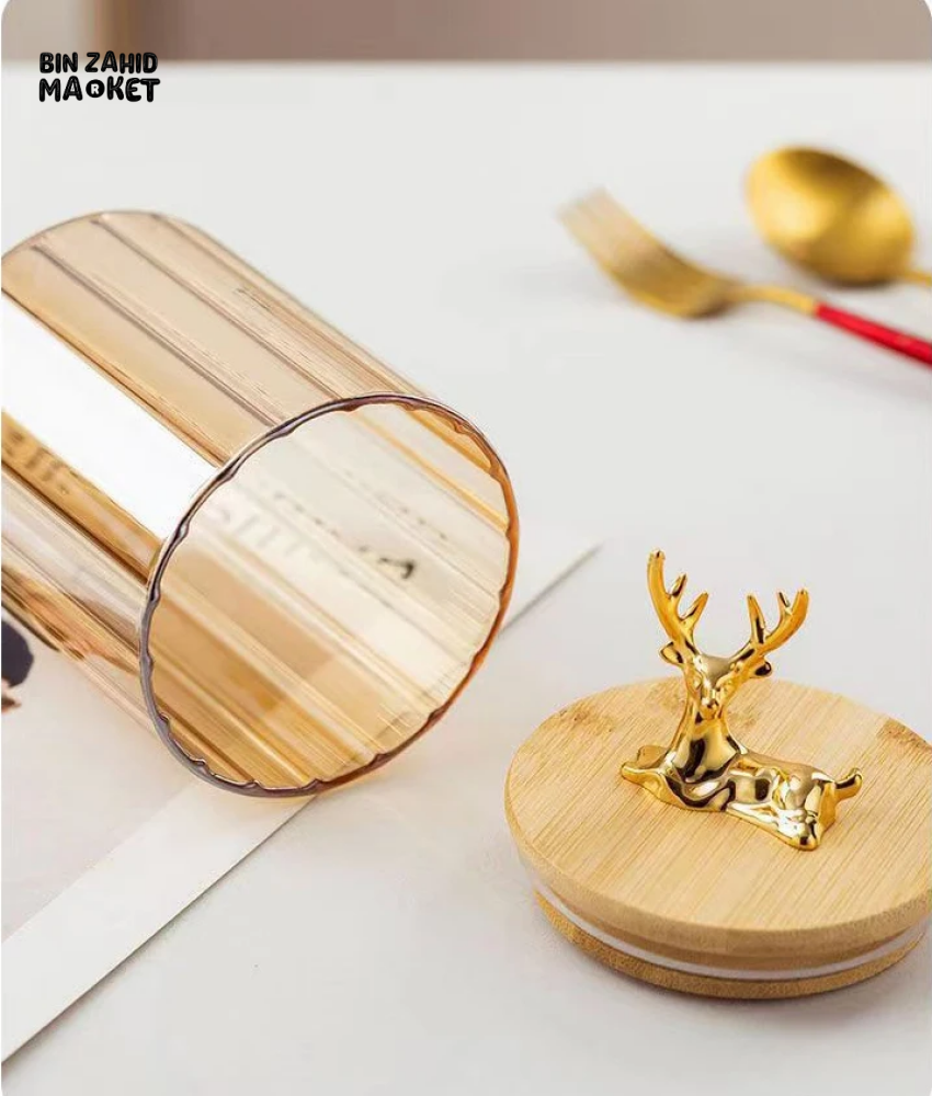 LUXURY 3-PIECE STORAGE JAR SET WITH WOODEN LIDS & DEER HEAD DESIGN ELEGANT COFFEE & SNACK CONTAINERS FOR KITCHEN DECOR