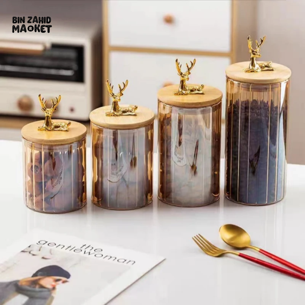 LUXURY 3-PIECE STORAGE JAR SET WITH WOODEN LIDS & DEER HEAD DESIGN ELEGANT COFFEE & SNACK CONTAINERS FOR KITCHEN DECOR