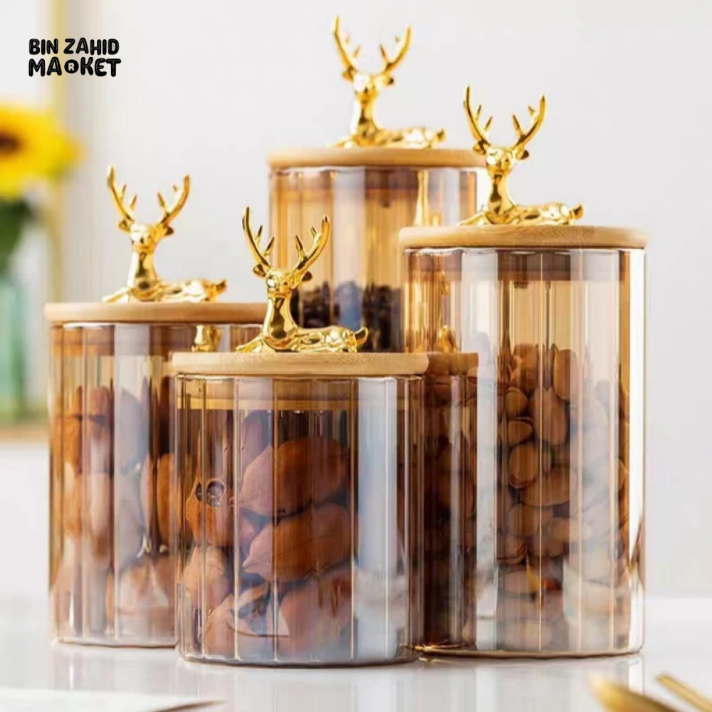 LUXURY 3-PIECE STORAGE JAR SET WITH WOODEN LIDS & DEER HEAD DESIGN ELEGANT COFFEE & SNACK CONTAINERS FOR KITCHEN DECOR