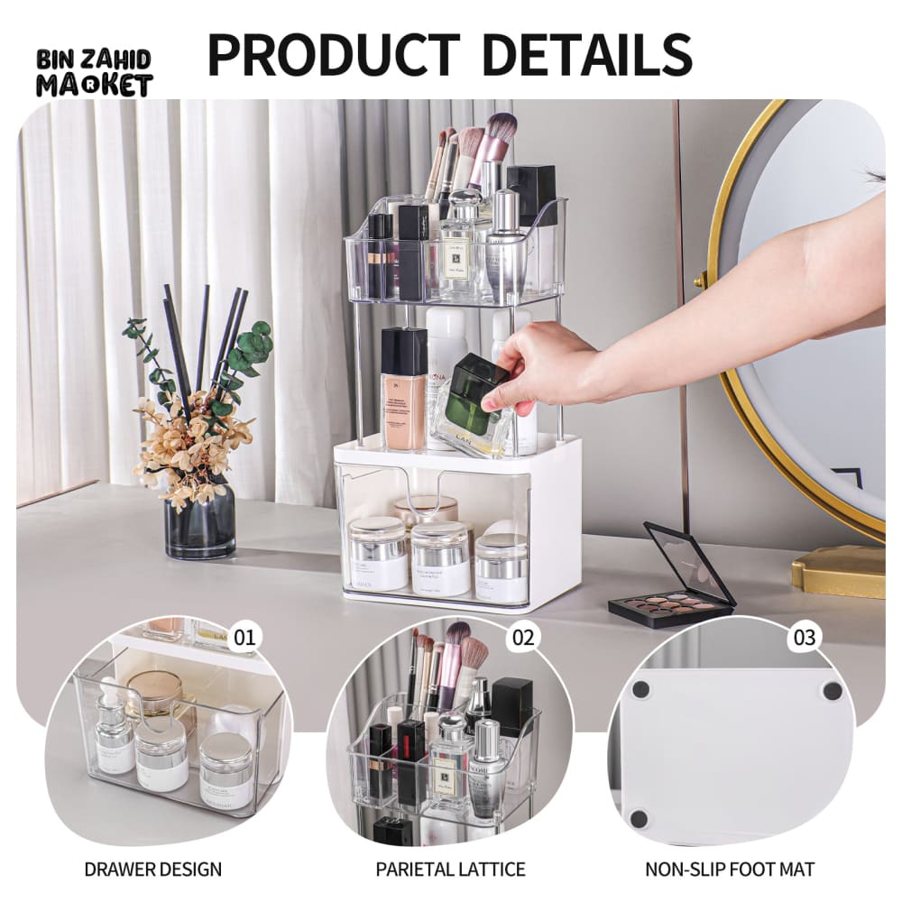 LUXURY 3-TIER WOODEN BATHROOM STORAGE ORGANIZER WITH DRAWER & NON-SLIP MAT – ELEGANT WALL-MOUNTED MAKEUP VANITY AND SHOWER SHELF