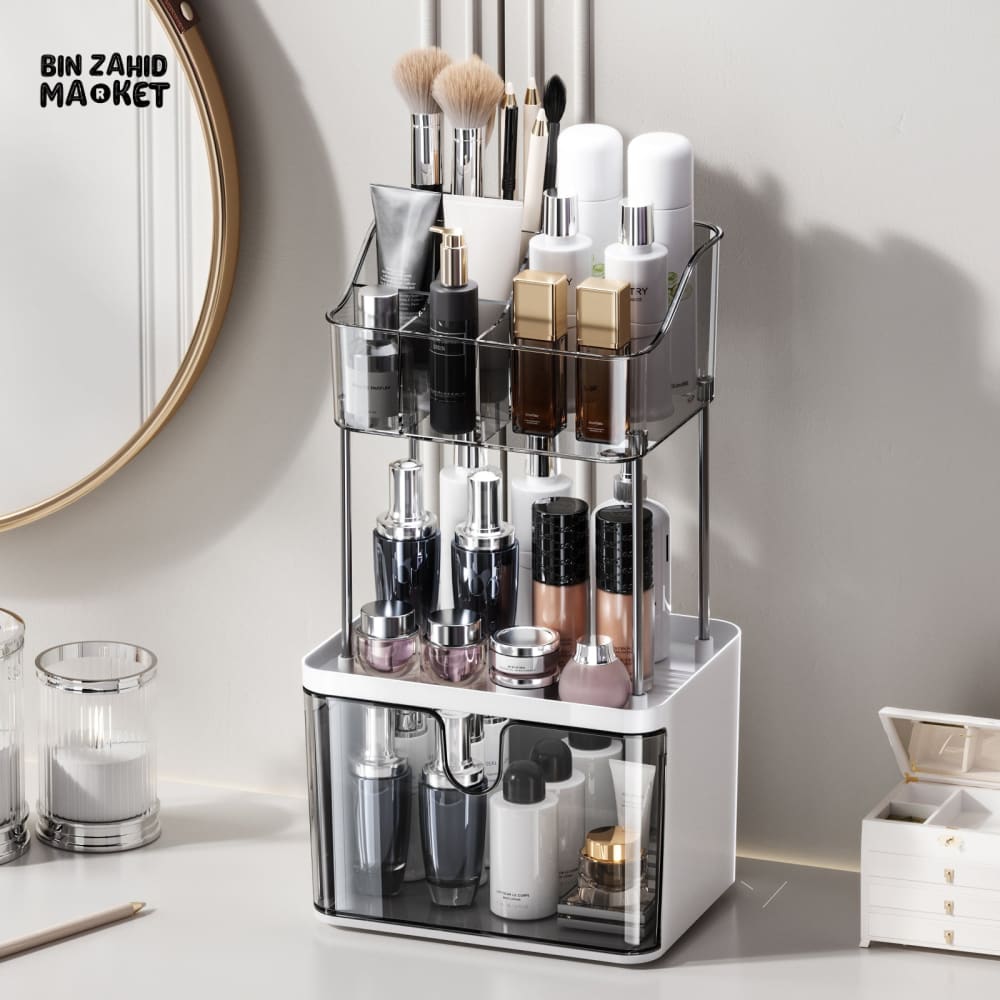 LUXURY 3-TIER WOODEN BATHROOM STORAGE ORGANIZER WITH DRAWER & NON-SLIP MAT – ELEGANT WALL-MOUNTED MAKEUP VANITY AND SHOWER SHELF