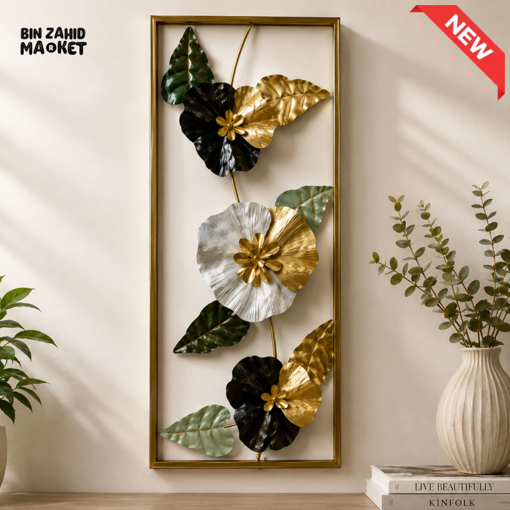 LUXURY 3D METAL FLORAL WALL ART WITH GOLD FRAME